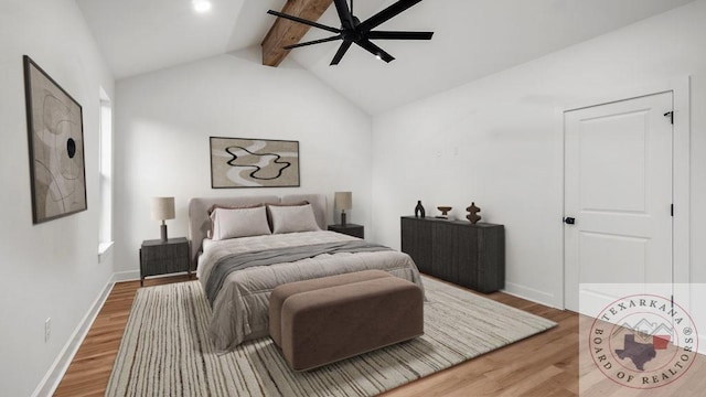 bedroom with light wood-type flooring, lofted ceiling with beams, and baseboards