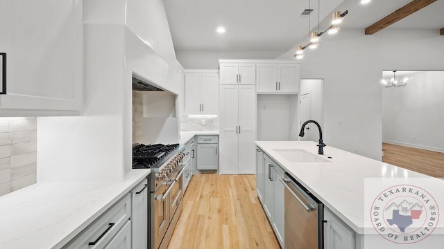 kitchen featuring light wood-style flooring, stainless steel appliances, a sink, decorative backsplash, and pendant lighting