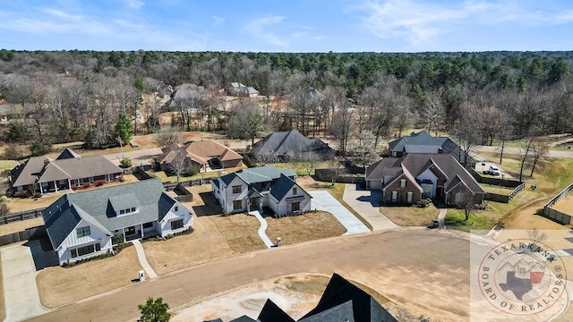 birds eye view of property with a residential view and a view of trees