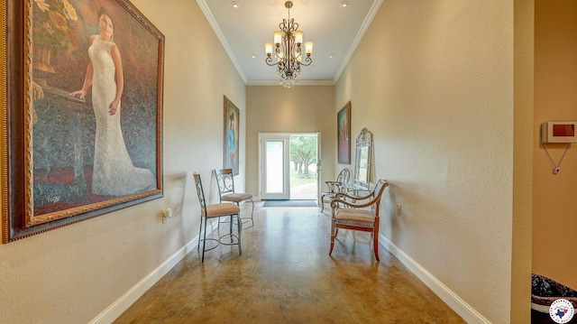 1067 Beaver Lake Dr, Texarkana, TX 75501 - hallway featuring concrete floors, baseboards, a chandelier, a textured wall, and ornamental molding