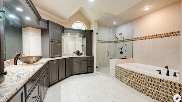 1067 Beaver Lake Dr, Texarkana, TX 75501 - full bathroom with a shower stall, a garden tub, double vanity, tile patterned floors, and ornamental molding