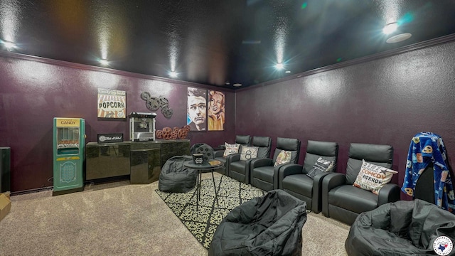 1067 Beaver Lake Dr, Texarkana, TX 75501 - cinema room featuring ornamental molding, carpet floors, and a textured wall