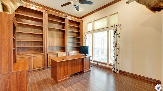 1067 Beaver Lake Dr, Texarkana, TX 75501 - unfurnished office with crown molding, ceiling fan, baseboards, and dark wood-type flooring