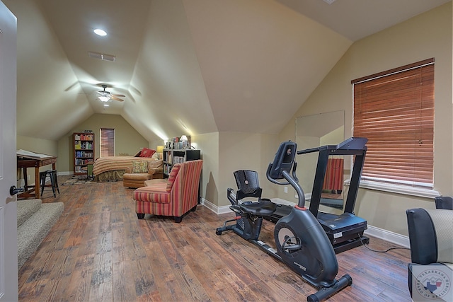 workout area featuring wood-type flooring and lofted ceiling