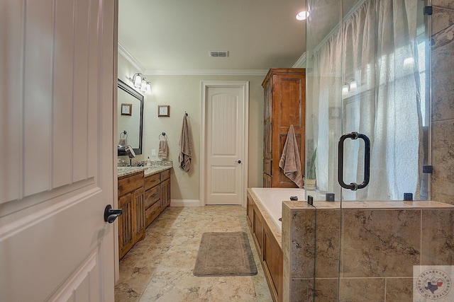 bathroom featuring vanity, crown molding, and plus walk in shower