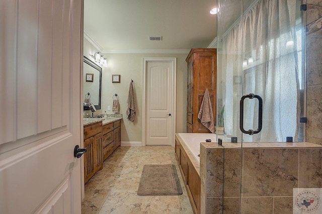 3206 Wyatt Ln, Texarkana, TX 75503 - bathroom featuring visible vents, vanity, crown molding, and baseboards