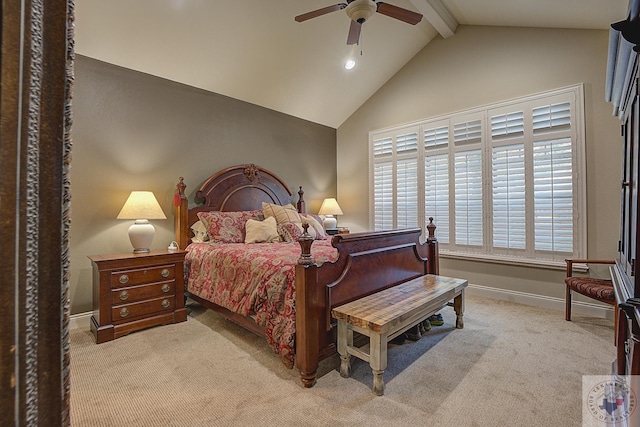 bedroom with ceiling fan, light colored carpet, and vaulted ceiling with beams