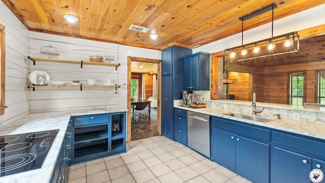 77 Big Rock Cir, Texarkana, AR 71854 - kitchen featuring dishwasher, a sink, blue cabinets, open shelves, and black electric stovetop