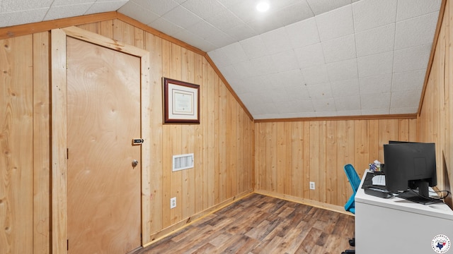 77 Big Rock Cir, Texarkana, AR 71854 - unfurnished office featuring wood finished floors, lofted ceiling, wood walls, and baseboards
