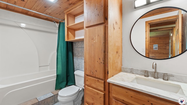 77 Big Rock Cir, Texarkana, AR 71854 - bathroom with toilet, vanity, shower / bath combination with curtain, and wooden ceiling