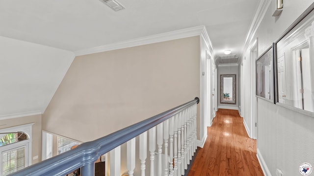 13 Whitney Cir, Texarkana, TX 75503 - hallway with attic access, wood finished floors, crown molding, and an upstairs landing