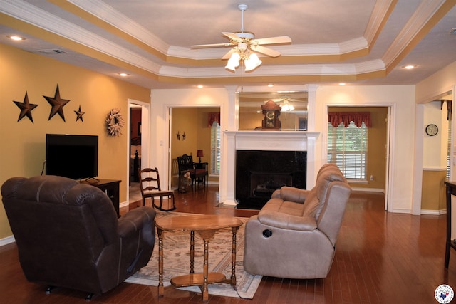 6002 Forest Bnd, Texarkana, AR 71854 - living area with a tray ceiling, a glass covered fireplace, a ceiling fan, dark wood finished floors, and ornamental molding