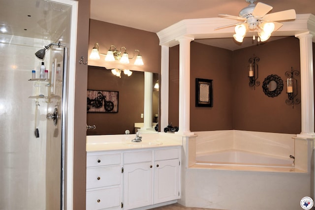 6002 Forest Bnd, Texarkana, AR 71854 - full bath featuring ornate columns, vanity, a garden tub, ceiling fan, and a shower