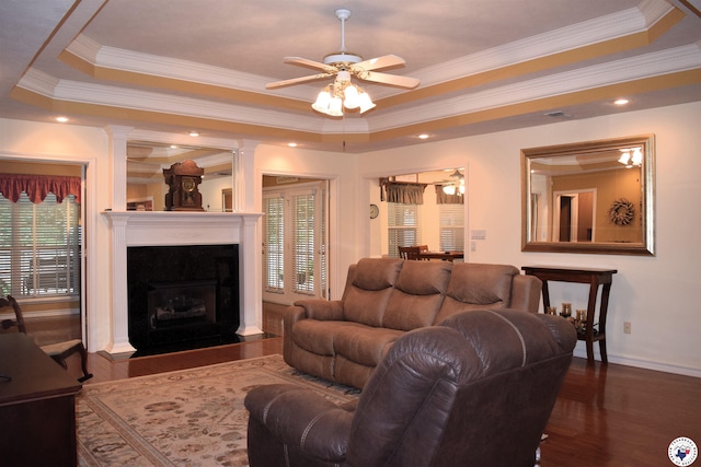 6002 Forest Bnd, Texarkana, AR 71854 - living room featuring a tray ceiling, a ceiling fan, plenty of natural light, wood finished floors, and crown molding