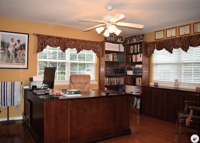 6002 Forest Bnd, Texarkana, AR 71854 - home office with a ceiling fan and dark wood-style flooring