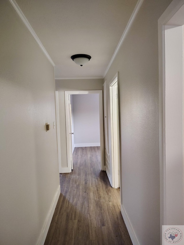 corridor featuring dark wood-type flooring and ornamental molding