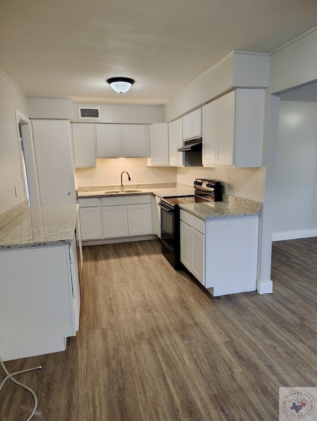 kitchen featuring wood-type flooring, sink, white cabinetry, light stone counters, and black range with electric cooktop