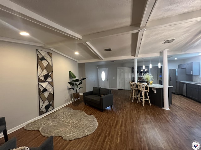 4801 Sanderson Ln, Texarkana, AR 71854 - living area with dark wood finished floors and beamed ceiling