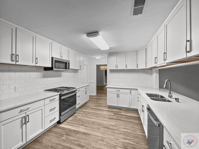 kitchen with tasteful backsplash, sink, white cabinets, light wood-type flooring, and stainless steel appliances