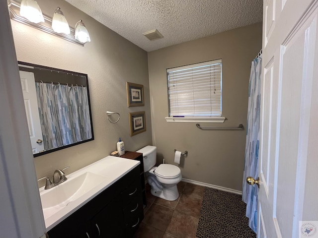 full bathroom featuring a textured ceiling, tile patterned flooring, toilet, vanity, and visible vents