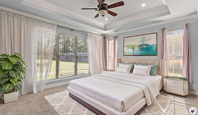 588 B K Pickering Dr, Texarkana, TX 75501 - bedroom with ornamental molding, a tray ceiling, carpet, baseboards, and recessed lighting