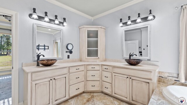 588 B K Pickering Dr, Texarkana, TX 75501 - bathroom featuring ornamental molding, double vanity, and a tub to relax in