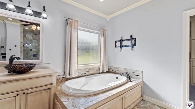 588 B K Pickering Dr, Texarkana, TX 75501 - full bathroom featuring a bath, ornamental molding, tiled shower, a ceiling fan, and vanity