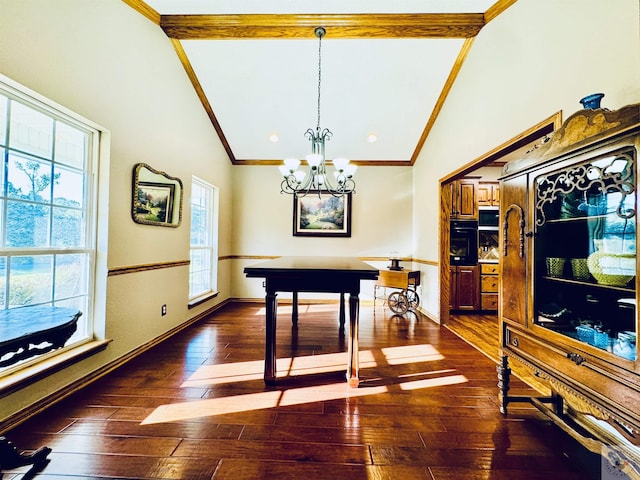 dining space featuring crown molding, plenty of natural light, dark hardwood / wood-style floors, and vaulted ceiling with beams