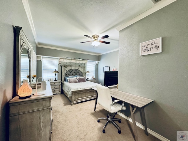 carpeted bedroom featuring ceiling fan, crown molding, and a textured ceiling