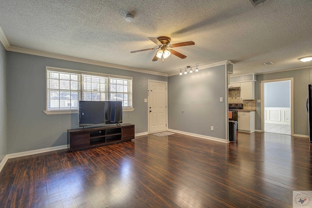 unfurnished living room with dark wood finished floors, ceiling fan, visible vents, and ornamental molding