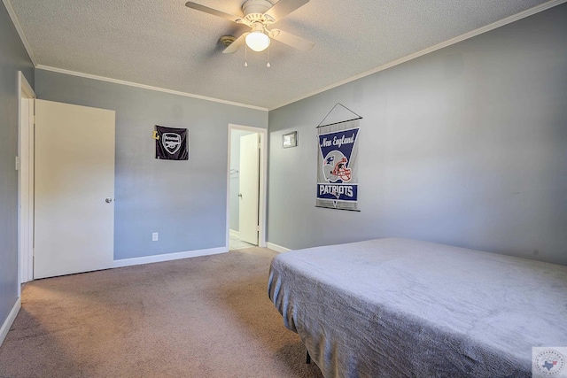 bedroom featuring carpet floors, a textured ceiling, and crown molding