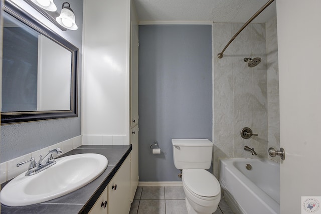 bathroom with vanity, a textured ceiling, shower / bath combination, tile patterned floors, and toilet