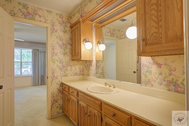 bathroom featuring ornamental molding and vanity