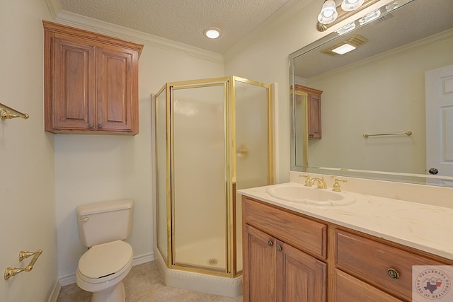 bathroom with a textured ceiling, walk in shower, ornamental molding, and vanity