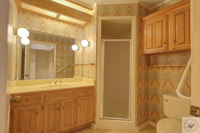 bathroom with crown molding, toilet, an enclosed shower, and vanity