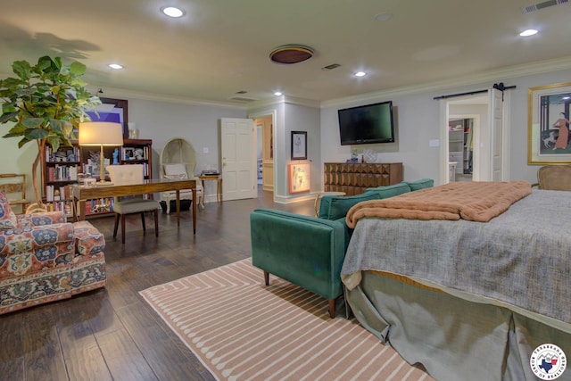 6 High Point Dr, Texarkana, TX 75503 - bedroom with ornamental molding, a desk, dark wood-type flooring, a barn door, and recessed lighting