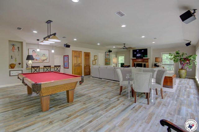 6 High Point Dr, Texarkana, TX 75503 - playroom with a fireplace, recessed lighting, light wood finished floors, ceiling fan, and billiards