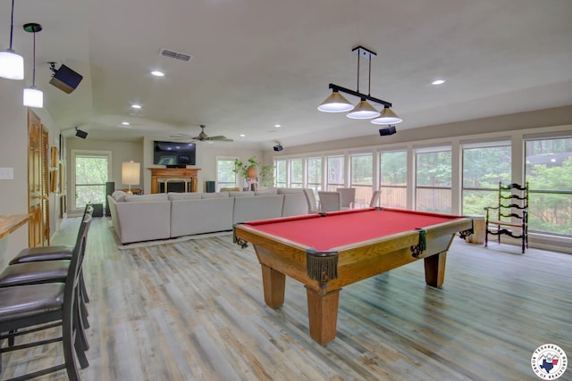 6 High Point Dr, Texarkana, TX 75503 - rec room featuring light wood-style floors, recessed lighting, a ceiling fan, billiards table, and a fireplace