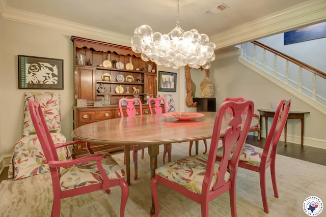 6 High Point Dr, Texarkana, TX 75503 - dining room featuring crown molding, a chandelier, and stairway