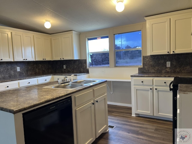 119 Krobot Cir, Texarkana, TX 75503 - kitchen with dark hardwood / wood-style flooring, sink, white cabinetry, a textured ceiling, and black appliances