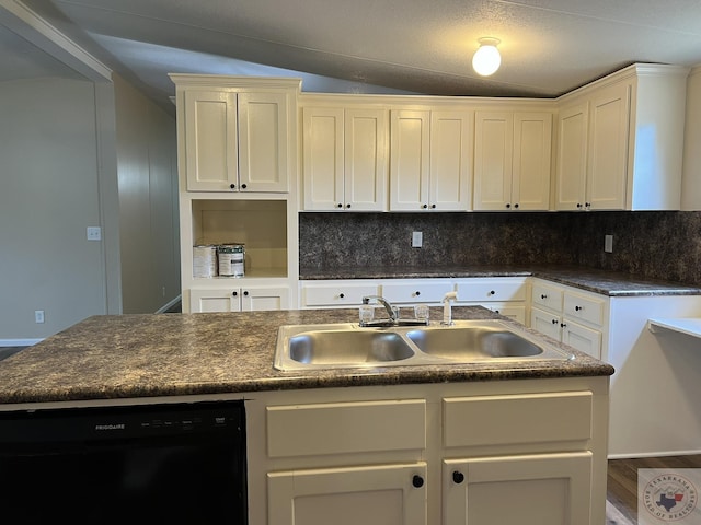 119 Krobot Cir, Texarkana, TX 75503 - kitchen with vaulted ceiling, dishwasher, sink, white cabinets, and hardwood / wood-style flooring
