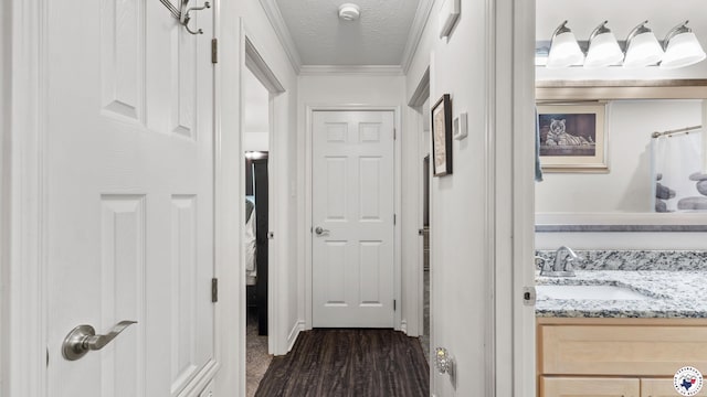 242 County Road 4228, Atlanta, TX 75551 - hall with a sink, crown molding, dark wood-style flooring, and a textured ceiling