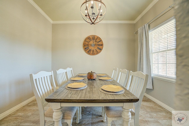 dining space featuring plenty of natural light, crown molding, a chandelier, and light tile patterned flooring