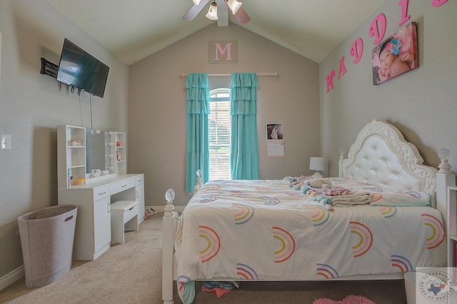 bedroom featuring ceiling fan, light colored carpet, and vaulted ceiling