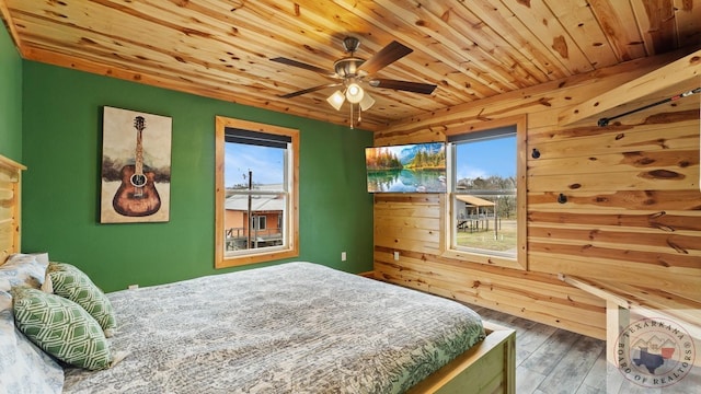 bedroom featuring wood ceiling, wooden walls, and wood finished floors