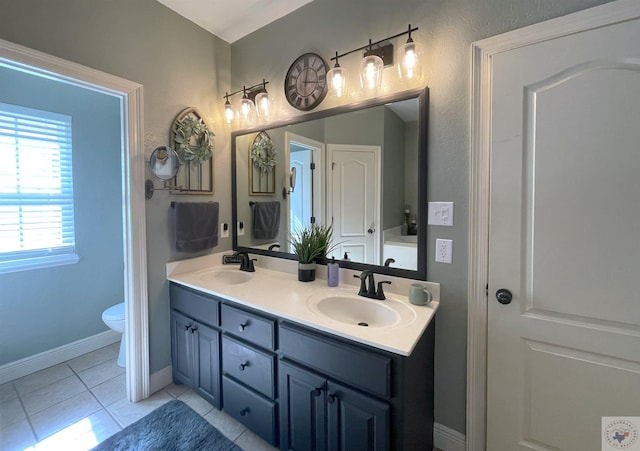 bathroom featuring toilet, vanity, and tile patterned flooring