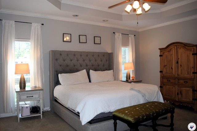 2905 Landon Ln, Texarkana, TX 75503 - bedroom featuring a raised ceiling, carpet, ornamental molding, and a ceiling fan