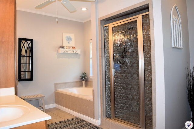 2905 Landon Ln, Texarkana, TX 75503 - full bathroom featuring a stall shower, ornamental molding, vanity, a garden tub, and tile patterned flooring