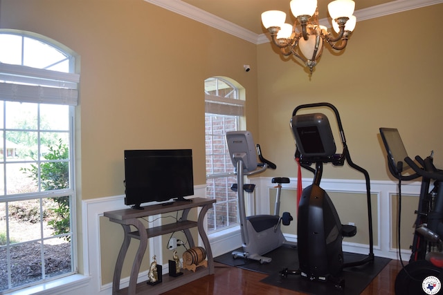 2905 Landon Ln, Texarkana, TX 75503 - exercise room with a chandelier, healthy amount of natural light, crown molding, and wood finished floors