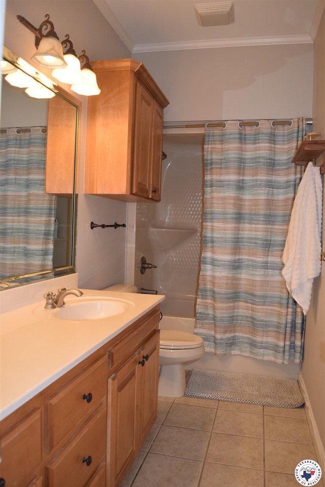 2905 Landon Ln, Texarkana, TX 75503 - full bath with vanity, tile patterned flooring, crown molding, and shower / bath combination with curtain